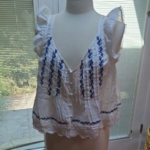 Maeve White and Blue Embroidered Blouse